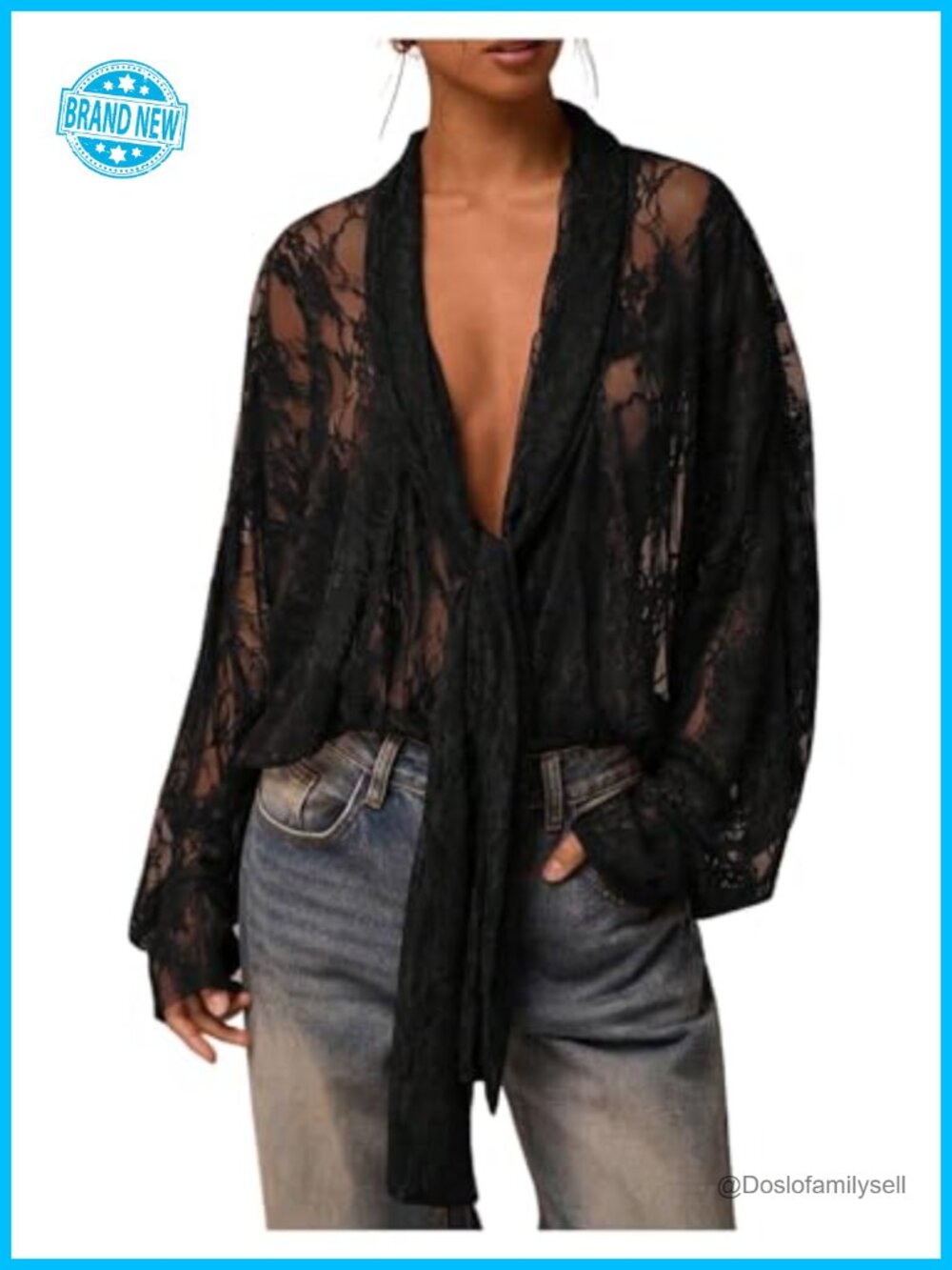 Women's Lace Long Sleeve Sheer Mesh Tie Front Blouse